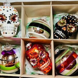 6 Halloween Radko Day of the Dead Skulls & Balls Glass Ornaments Spooky Gothic